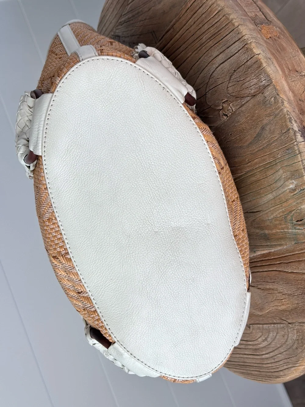 Cole Haan Tarran Tote Bag White Leather and Woven Straw